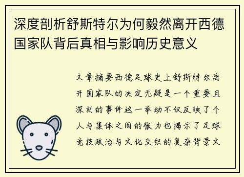 深度剖析舒斯特尔为何毅然离开西德国家队背后真相与影响历史意义